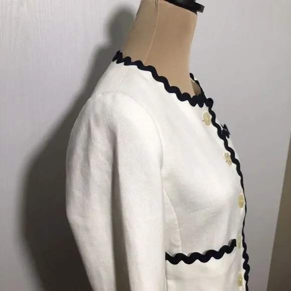 J Crew Linen Jacket Womens 2 White Blue Blazer Ric Rac Trim Career Office - Picture 8 of 15